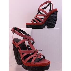 NIB BALENCIAGA ARENA ROSE PINK LEATHER WEDGE STUDDED SANDALS 39 $745